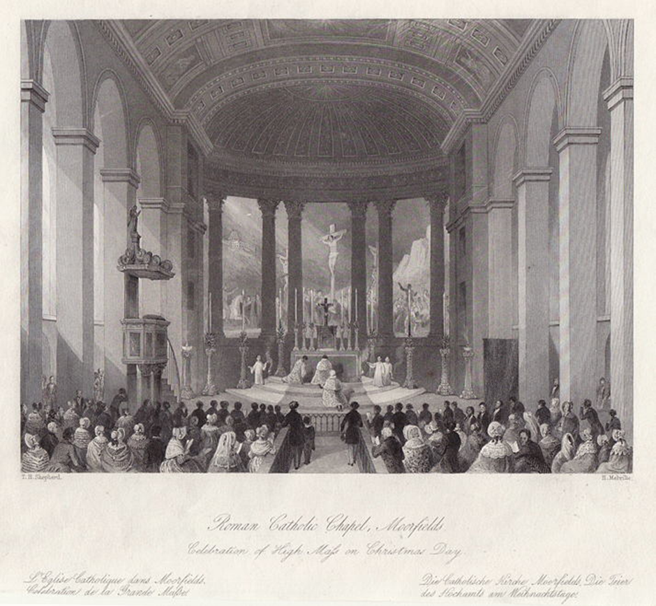 A clean greyscale engraving showing the interior of a church. We are looking from the rear up to the altar; the congregation, all in fine clothes, have their backs to us, as do the three priests at the altar. Three small altar boys stand on the altar facing us.