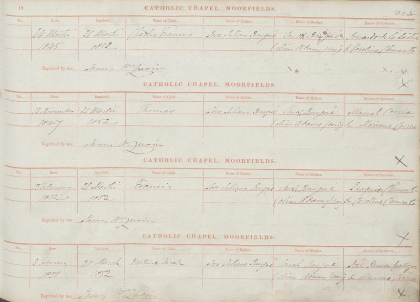 Digitized extract of a page from a baptism register. The printed rubric in red states "Catholic Chapel, Moorfields" and sets out a table for entering each baptism. The four baptism entries shown are for the four Burgue children.