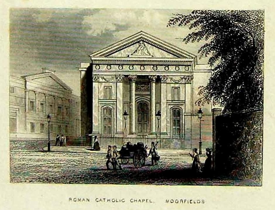Poor quality digital image of a black and white engraving, showing a neoclassical church with a balanced front, two pillars and a decorative frieze. In the foreground, small groups of people and a cart.
